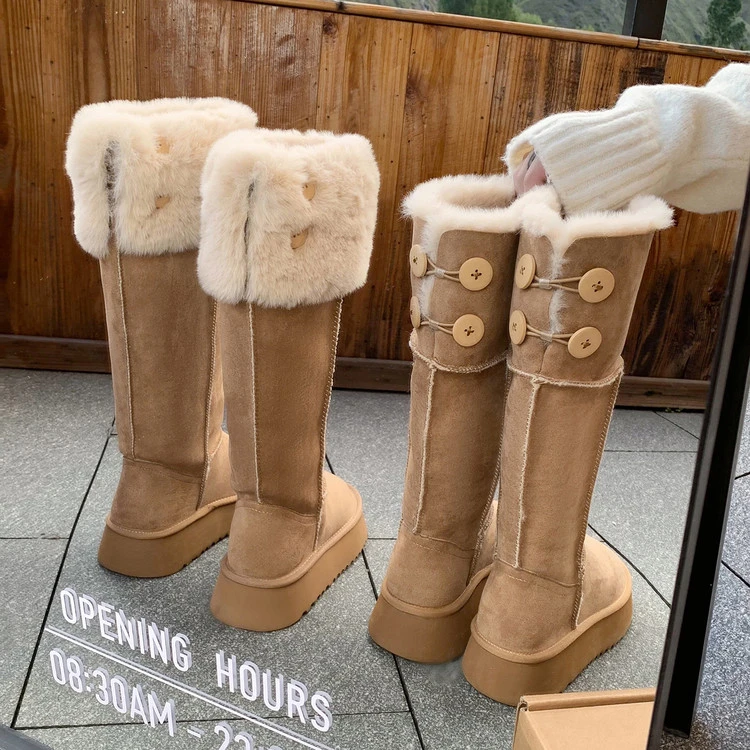 2025冬季两穿厚底高筒雪地靴女保暖毛毛长筒靴小个子中筒加绒棉鞋