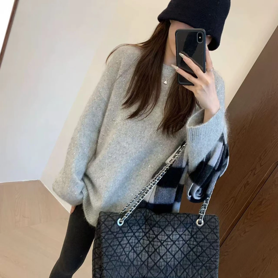 宽松套头慵懒风蓬松软糯小亮片落肩袖毛衣圆领针织长袖1-13-1