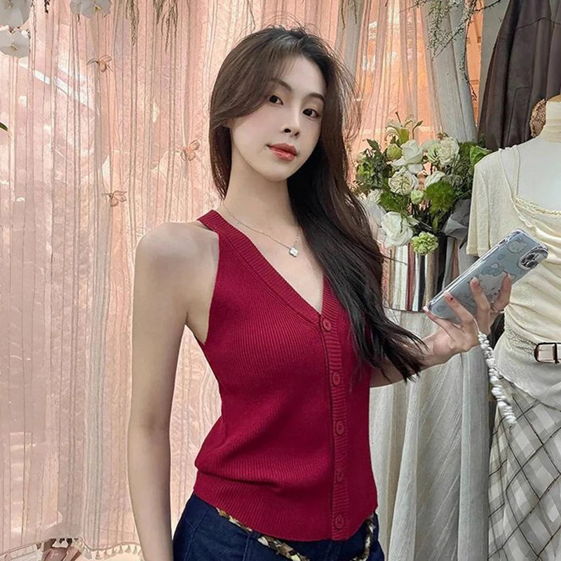 法式复古红色冰丝针织吊带背心女夏季高级感外穿开衫无袖短款上衣