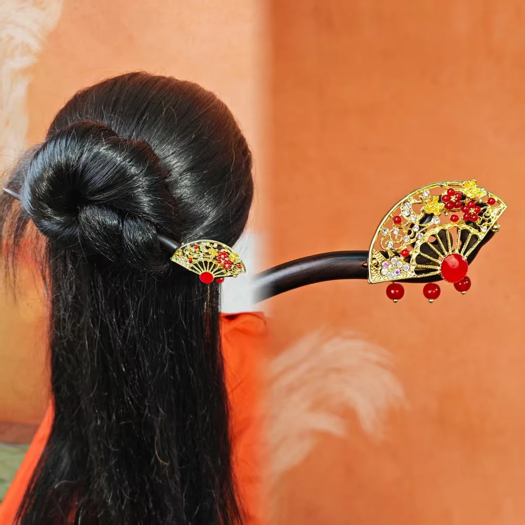 炑歌K464原创红色折扇18公分发簪气质手工发饰国风百搭发簪