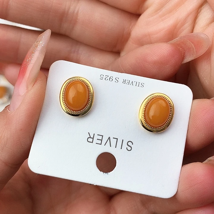 蜜蜡耳饰银S925镶嵌耳饰