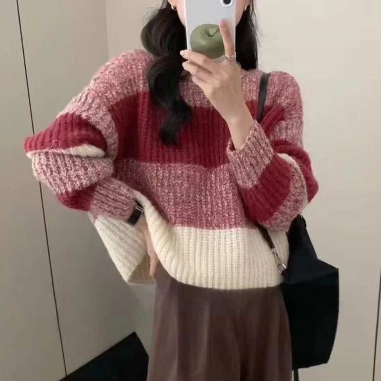 宽条纹撞色宽松软糯冬季毛衣女秋冬新款慵懒风圆领套头打底针织衫