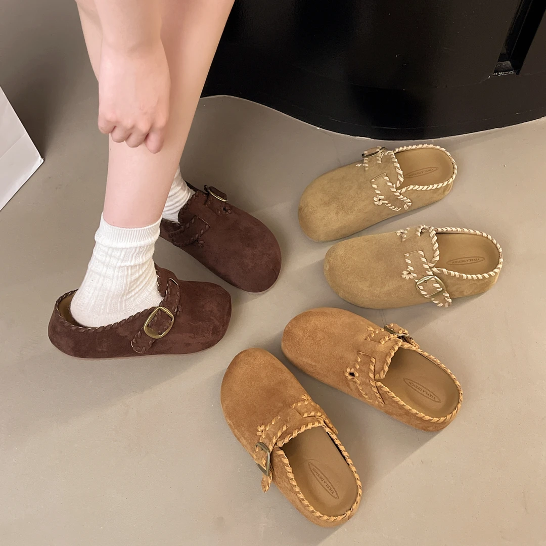 复古勃肯鞋包头半拖鞋2025秋季新款小个子内增高厚底一脚蹬懒人鞋