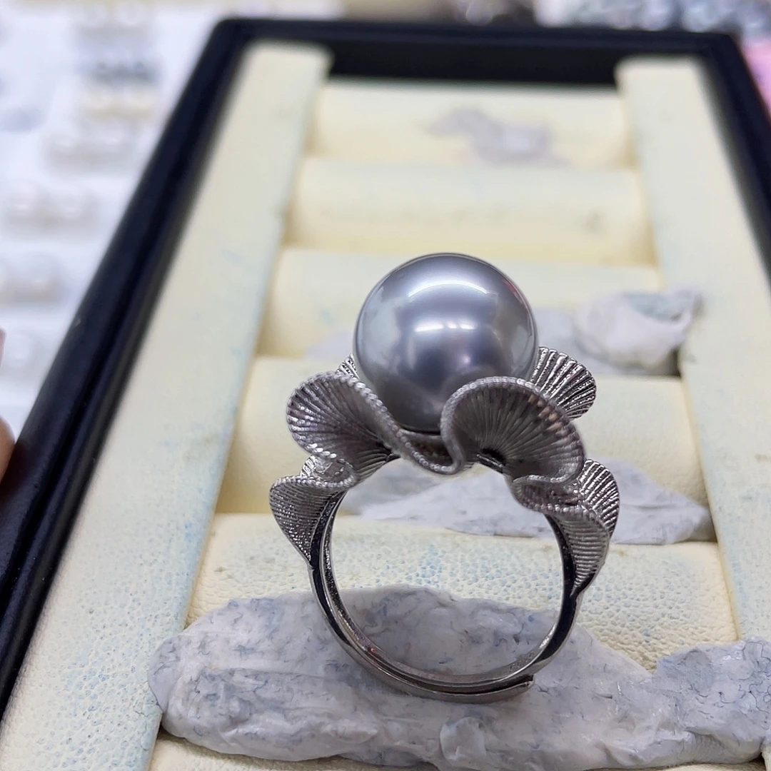 银S925镶嵌戒指海水珍珠铂金灰戒指12mm