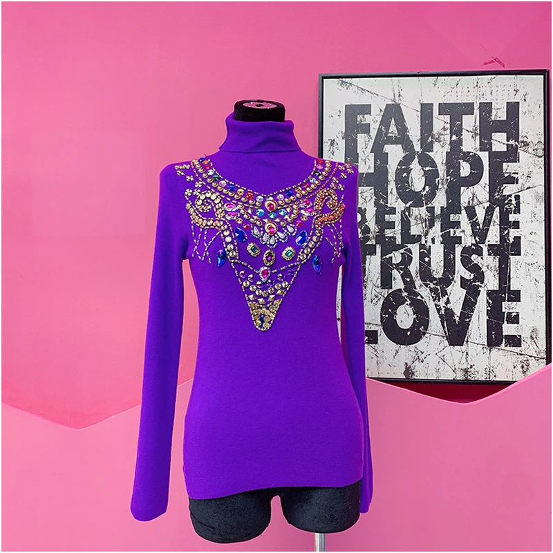 A4750欧美风设计师2025冬季新款重工刺绣钉钻高领弹力针织打底衫