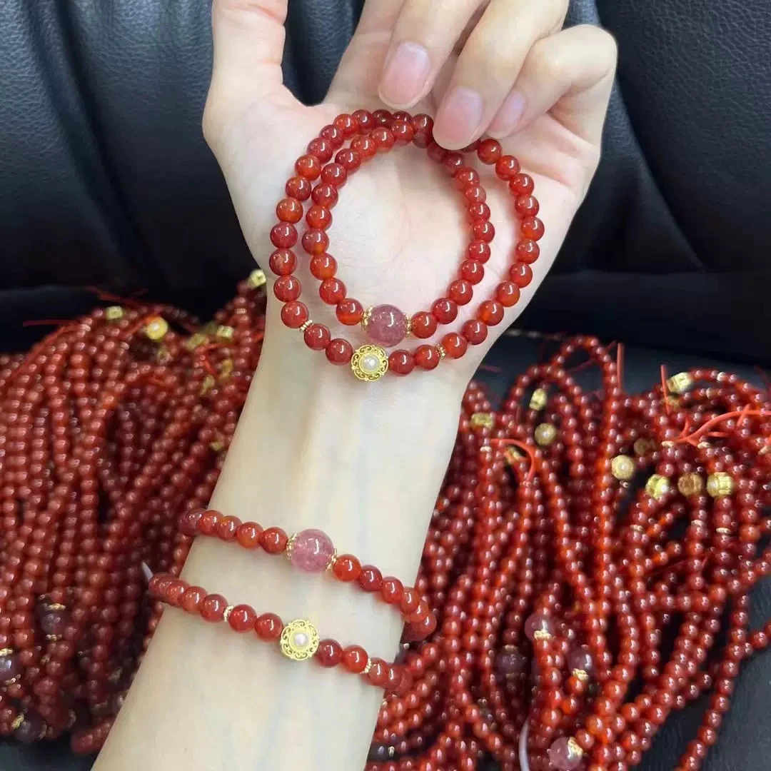 天然南红玛瑙手链南红串珍珠多圈佛珠草莓晶招桃花小众珠宝