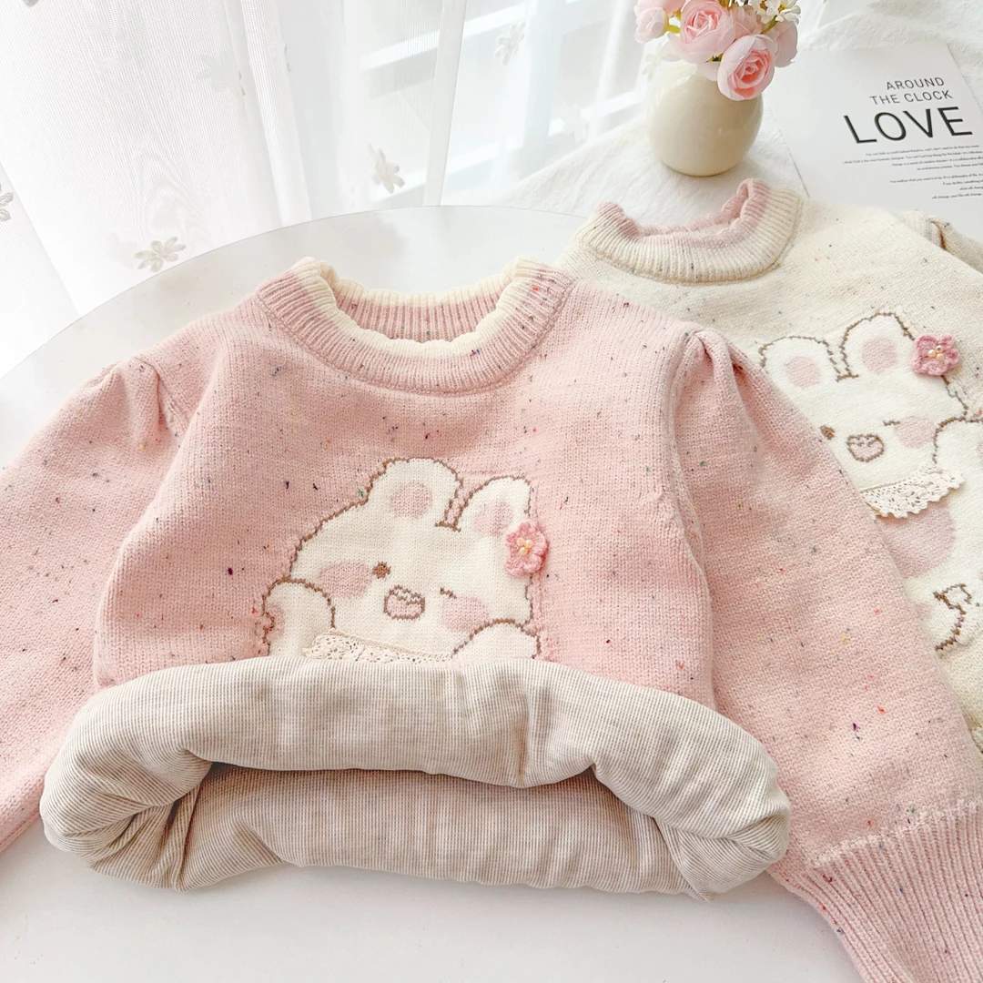 女童毛衣加绒加厚套头可爱新款洋气小童打底衫上衣宝宝针织衫冬装