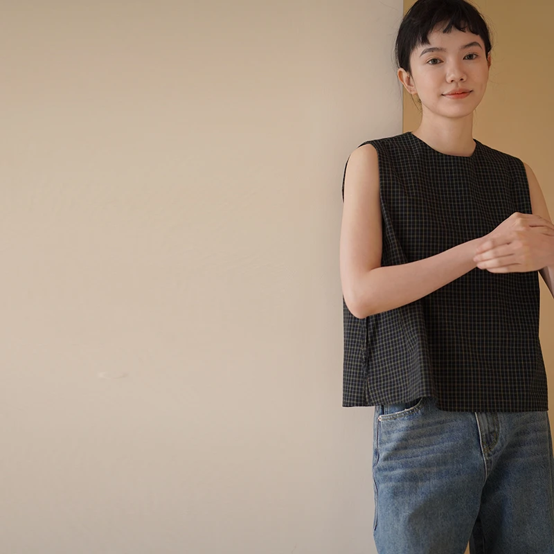 【女装优选】哈齿小姐格纹圆领宽松休闲背心显瘦上衣女20ZZ2501253C