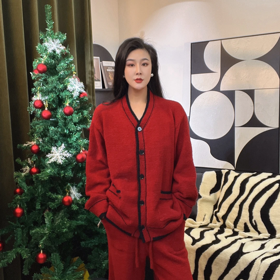 『乐乐』冬季可外穿半边绒家居服厚款V领气质针织女士开衫睡衣套装
