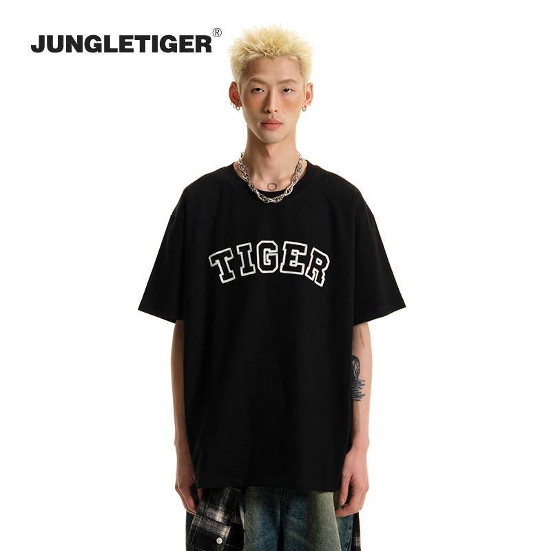 丛林老虎高街字母条绣短袖t恤男夏季潮牌宽松休闲260g纯棉半袖