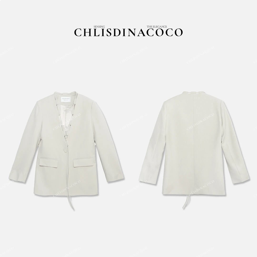 Chlisdinacoco“昦颀甡籟”重工设计感抽绳V领西装外套C1L021WT251