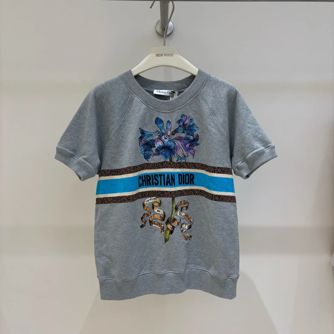 未使用 DIOR/迪奥 DI1421 花卉图案logo条纹短袖M码 原价17000