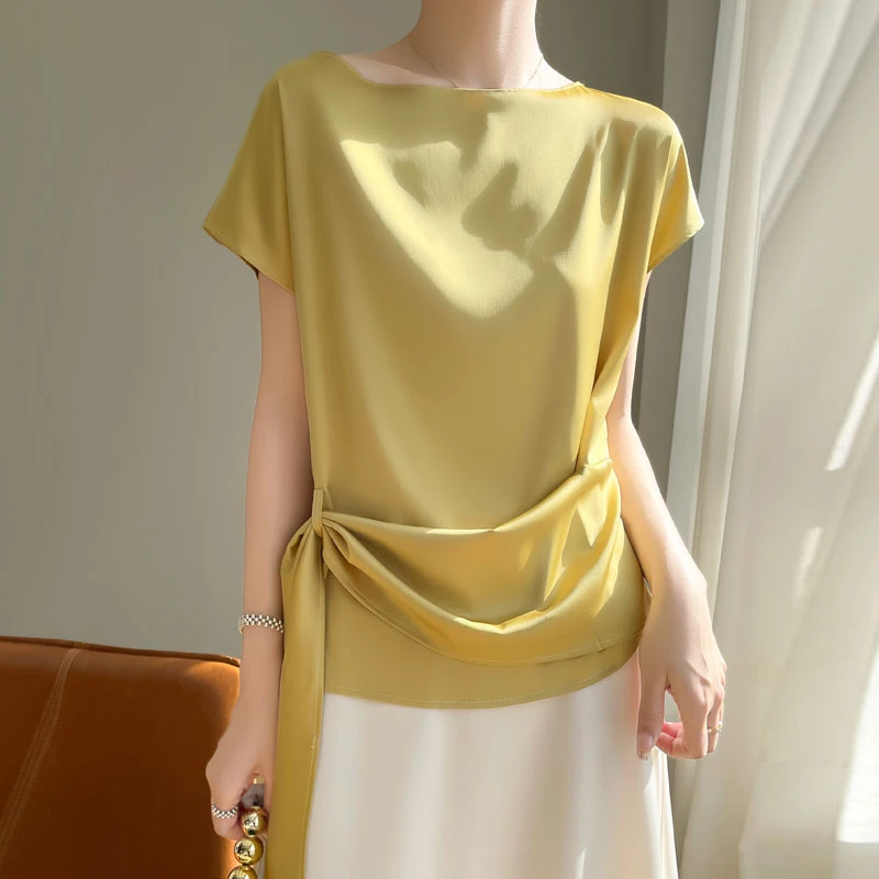夏季醋酸新款气质一字领上衣短袖缎面宽松圆领高级纯色T恤打底
