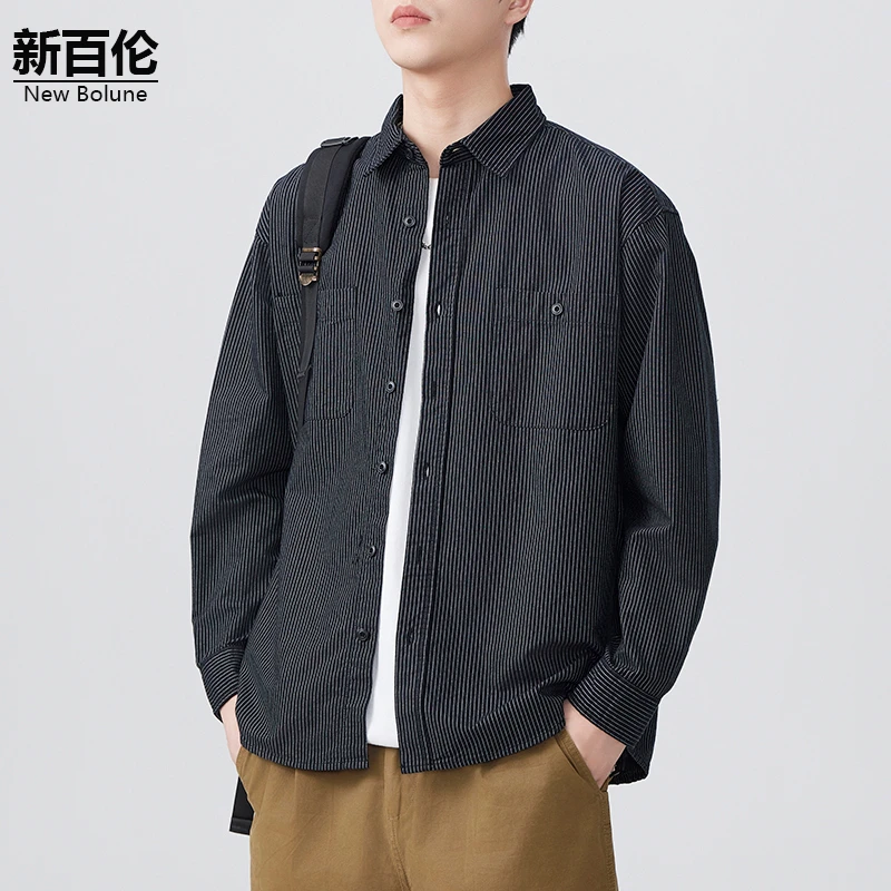 新百伦/NEW BOLUNE美式衬衫男2025秋季新款纯棉痞帅复古衬衣外套
