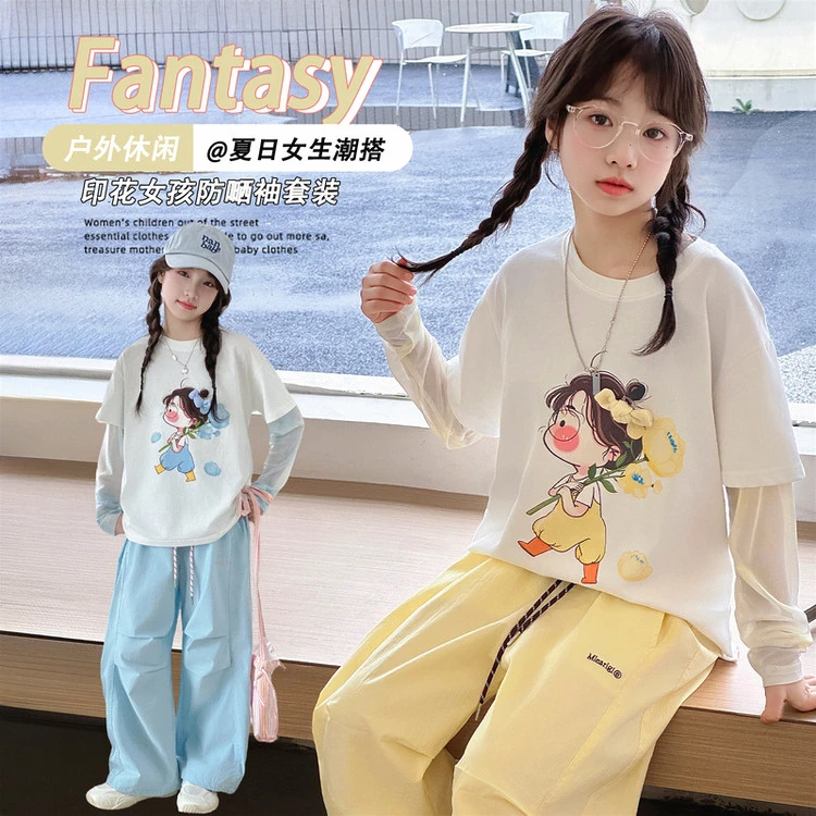 2025 夏季12岁女童洋气套装休闲宽松时尚户外印花女孩卫衣上衣