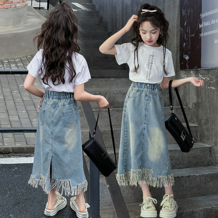 女童夏季洋气中大童百搭字母短袖T恤时尚韩版薄款牛仔半身裙套装