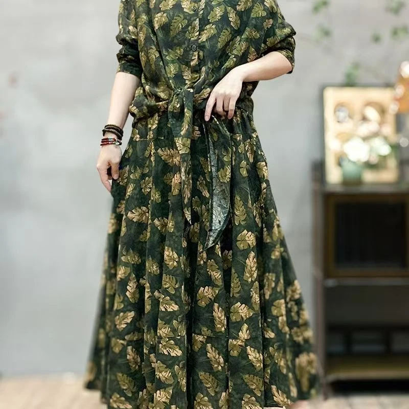 2025春秋新款复古民族女装印花棉麻半身裙高腰松紧中长款长裙显瘦