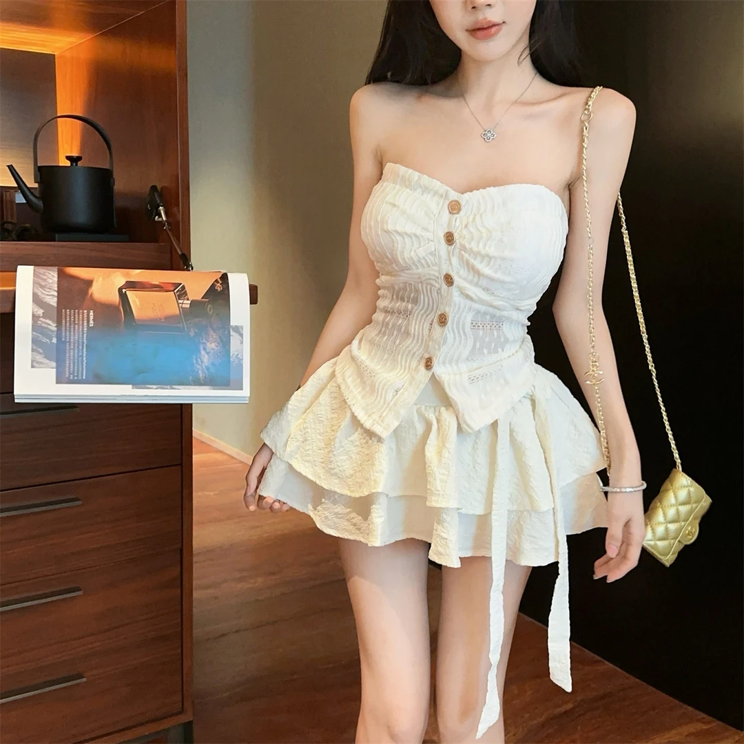 夏季纯欲甜美肌理感蕾丝抹胸上衣百搭芭蕾风蛋糕裙