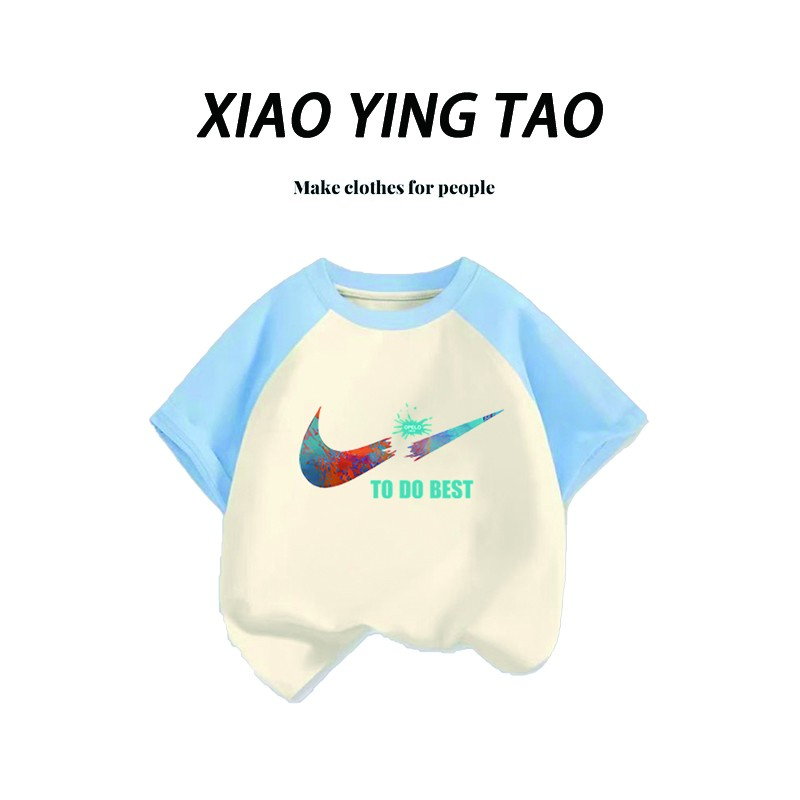 宽松纯棉插肩短袖t恤男女儿童夏季2025新款洋气中大童印花上衣服