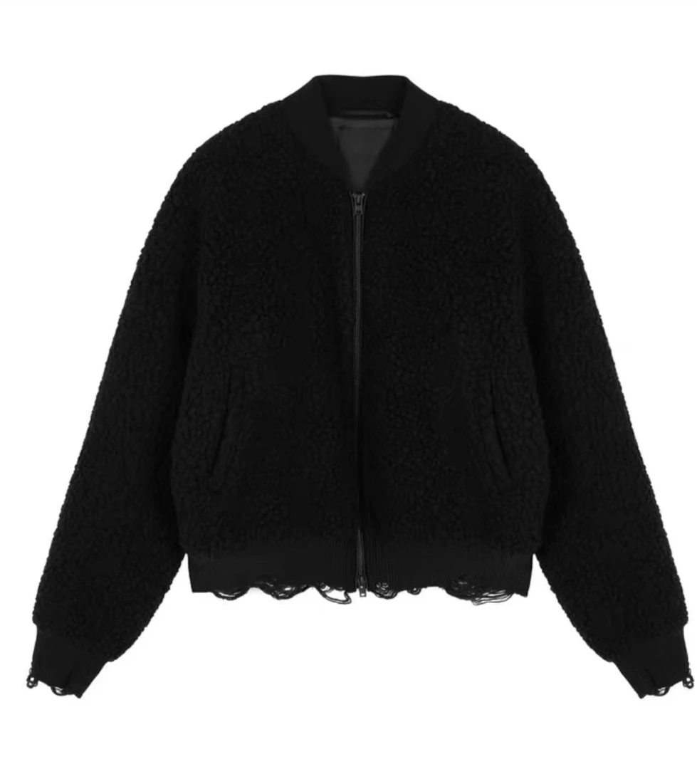 秋冬2025新款毛毛外套女棒球服拼接毛边宽松1268