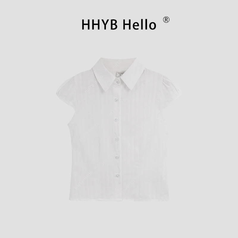 HHYB Hello2025春夏新款百搭中古风条纹肌理修身显瘦衬衫女H80008