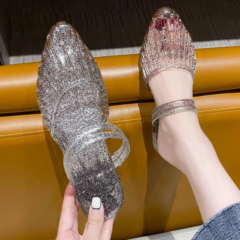 水晶拖鞋女夏季时尚镂空包头半拖鞋女外穿凉拖鞋防滑坡跟网红百搭