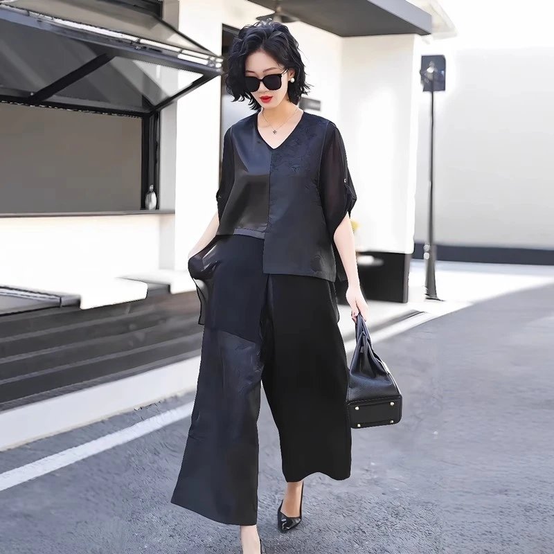 25夏大码新中式国风天丝提花拼接长款上衣宽松阔腿裤气质两件套装