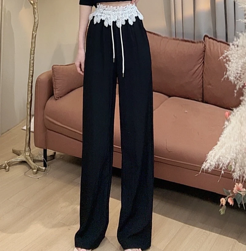 【美美专享】15228甜美蕾丝拼接高腰直筒阔腿裤女