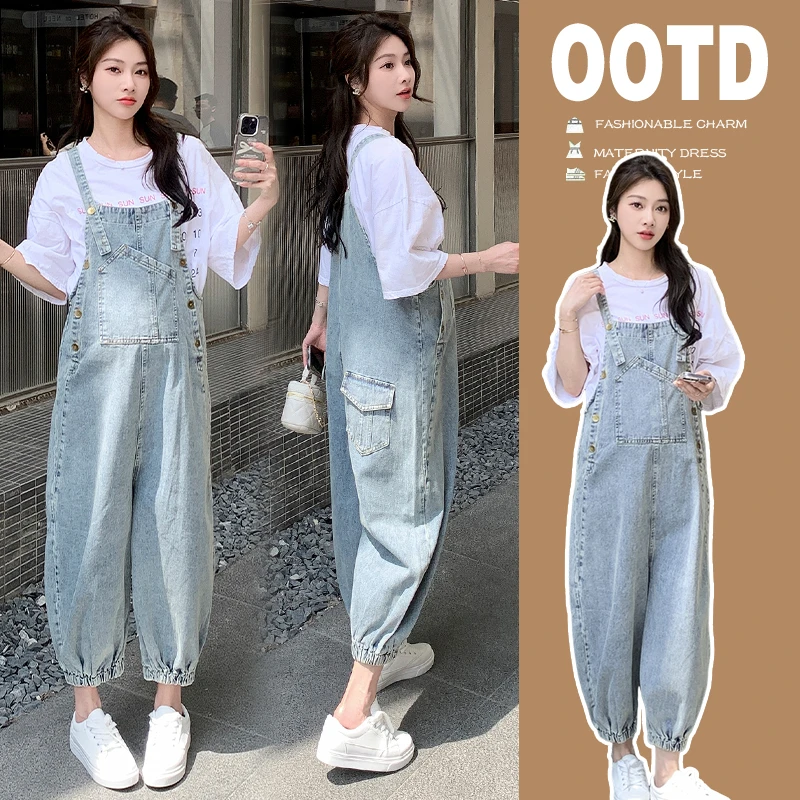 孕妇背带裤春夏新款时尚韩版小个子洋气减龄8分牛仔束脚背带裤