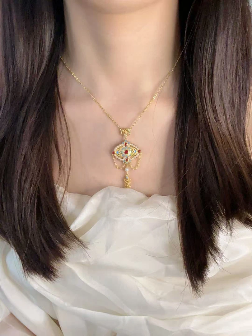 合金珐琅项链 太阳花点翠锁项链-Moodi曼蒂