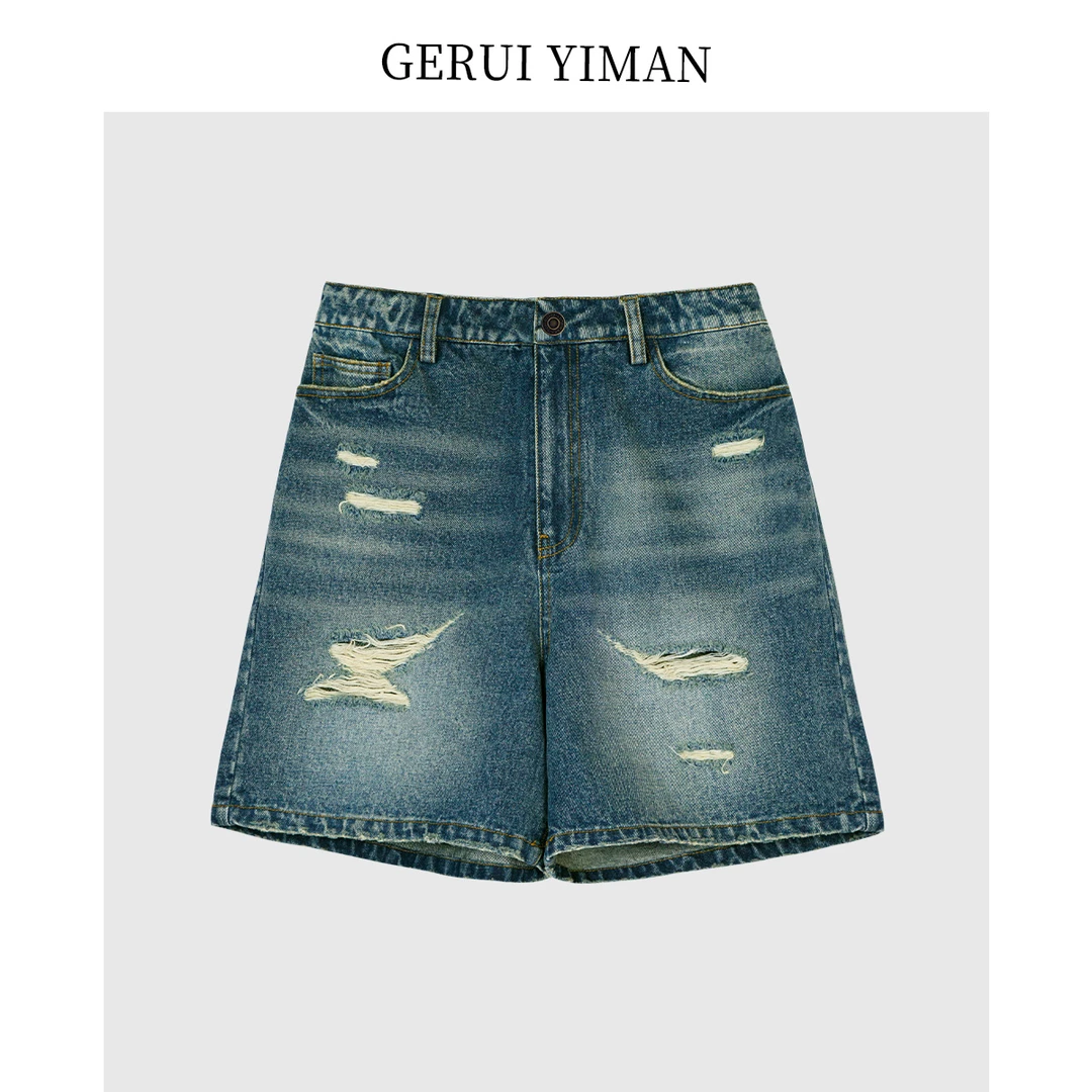 格瑞依曼2025夏季新款休闲牛仔裤破洞磨破经典大码微胖显瘦短款