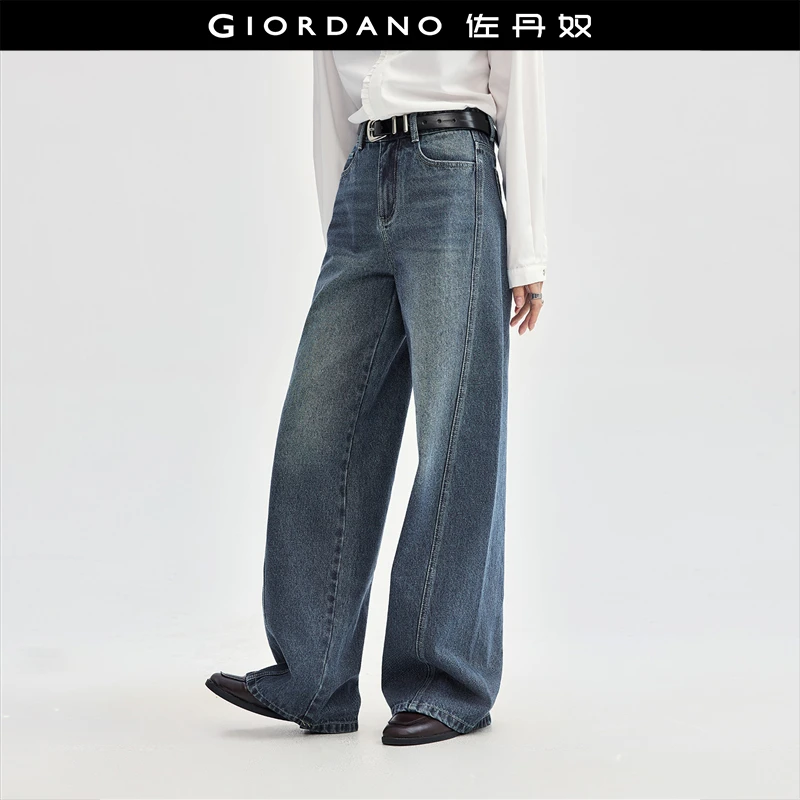 佐丹奴裤子女装复古洗水猫须破骨五袋款阔腿牛仔长裤 18414224