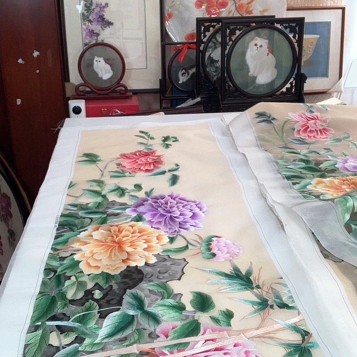 织绣40*130牡丹花手工绣片
