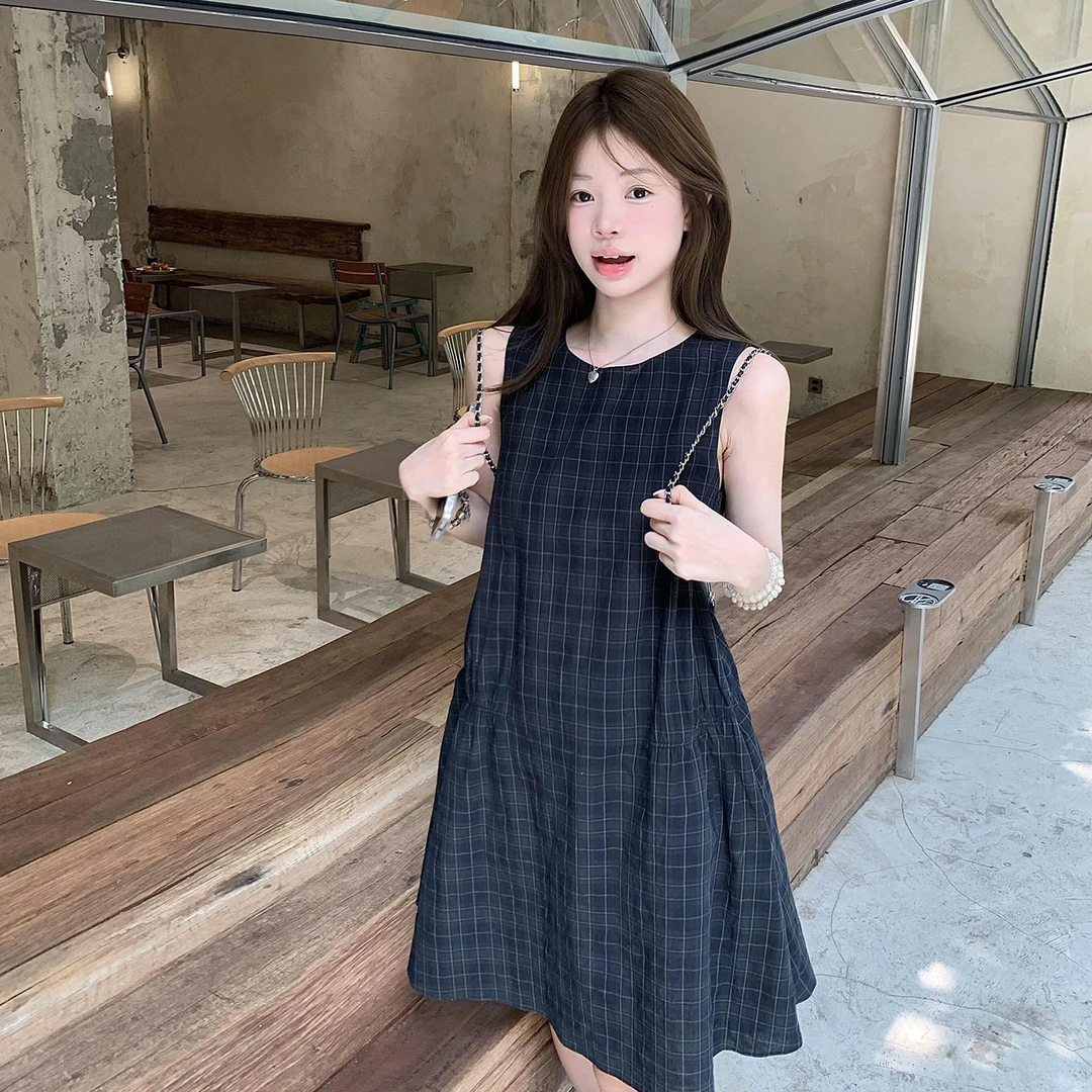 【现货+运补】法式复古格子无袖连衣裙巨好看的小个子背心短裙4730