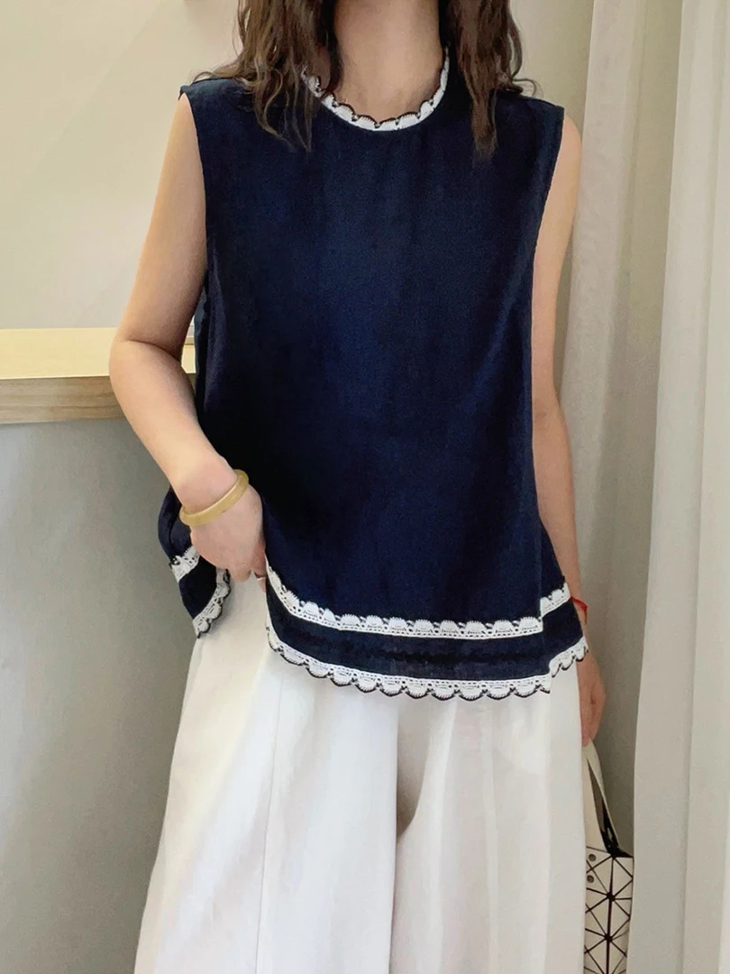 胖mm大码无袖娃娃款苎麻衬衫女夏季新款时尚宽松拼色圆领蓝色上衣