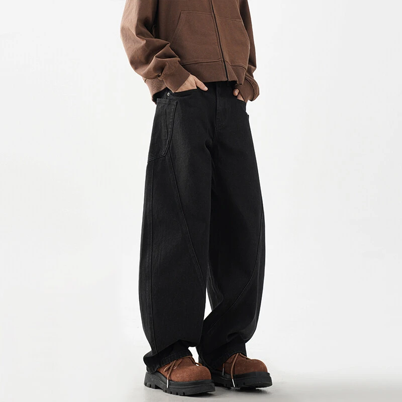 垂感弯刀牛仔裤男士春秋款复古阔腿黑色解构美式拼接男款直筒裤子