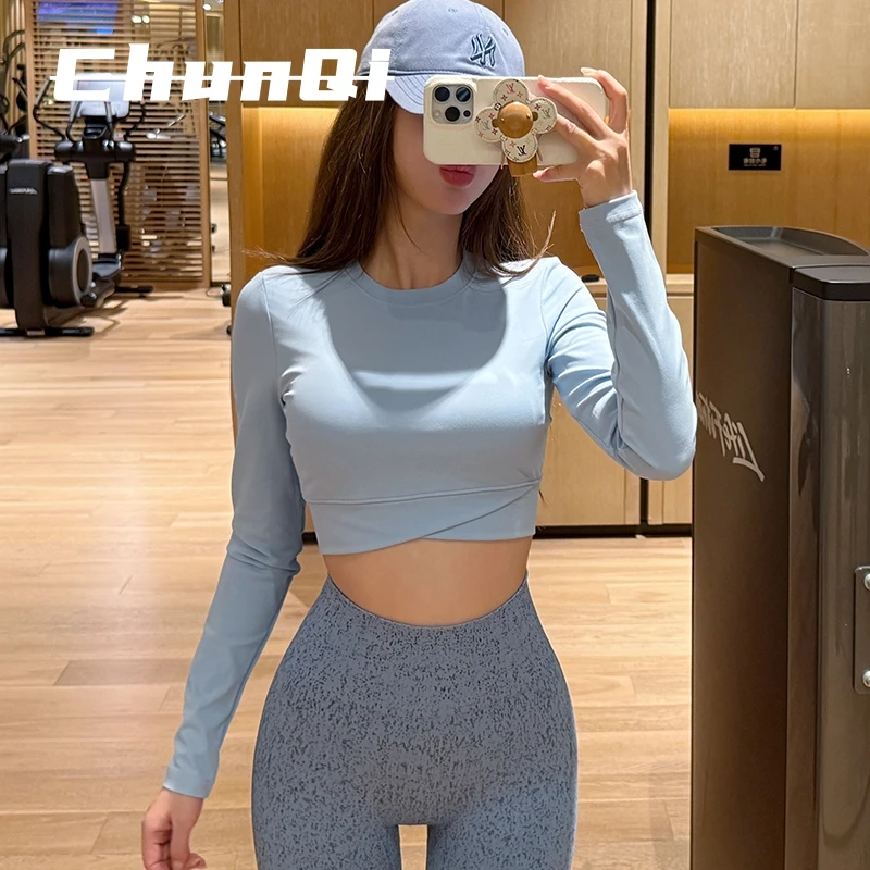 维多利亚专业普拉提训练健身长袖女紧身跑步运动上衣蓝色瑜伽服秋