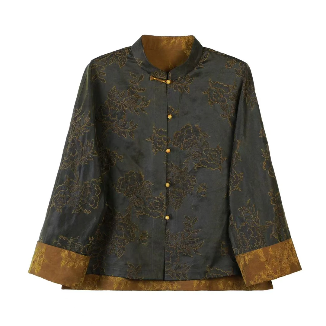 娟新中式国风复古立领宽松长袖195245 油缎 织花姜末染 外套 L 65