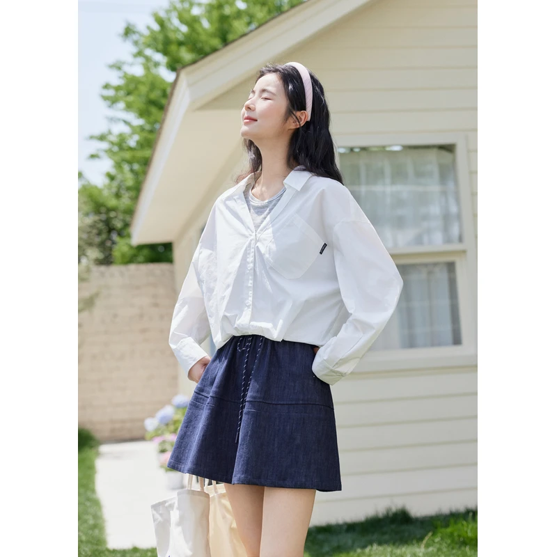 紫涵假两件圆领衬衫女2025秋季新款韩系通勤休闲衬衣Z5Z06CS541