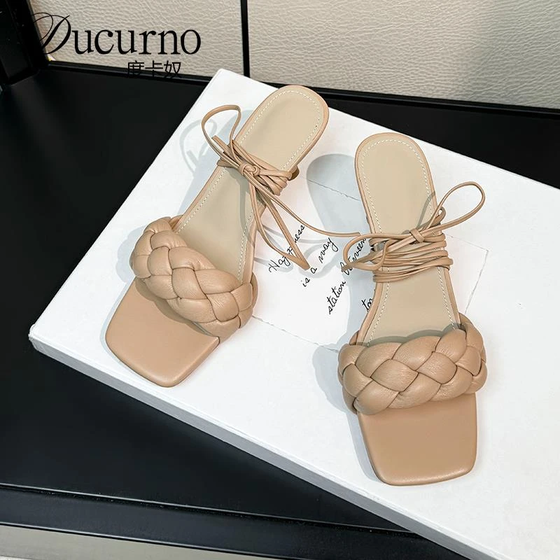 DUCURNO仙女风编织绑带凉鞋女夏季新款外穿高跟露趾一字两穿拖鞋