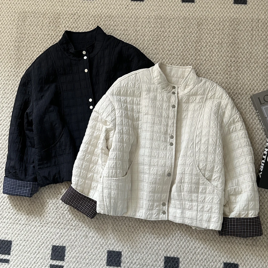 【米可家】压皱绗棉格子袖口拼接立领棉服外套250002