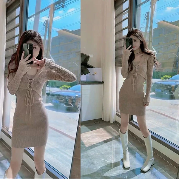 法式针织连衣裙女长袖春秋新款系带气质显瘦纯欲包臀短裙子两件套