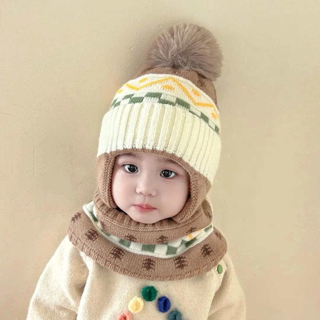 宝宝帽子秋冬季保暖针织帽包耳格子毛球婴儿毛线帽冬天暖和小孩帽