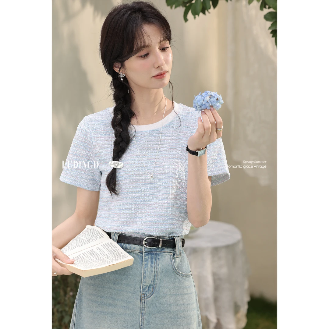 鹿盯盯微胖大码女装胖mm蓝色针织圆领正肩短袖t恤女夏季显瘦上衣