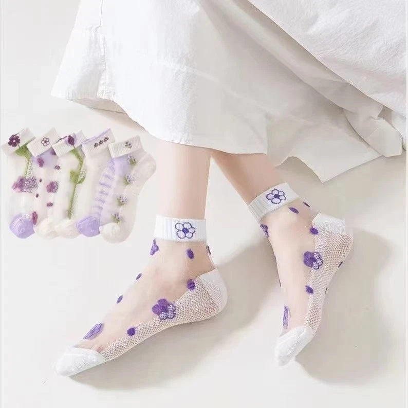 5双装女士春夏薄款甜美水晶蕾丝浅口棉底玻璃丝短袜