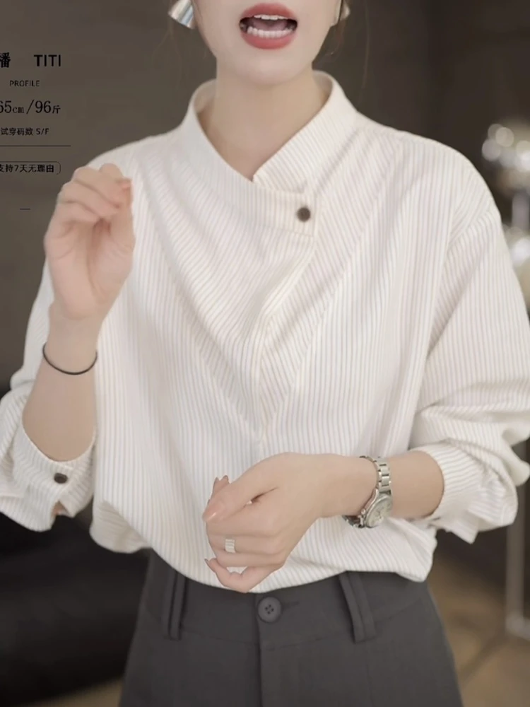 春秋宽松显瘦上衣月光独白气质白色百搭复古轻奢条纹长袖衬衫1014