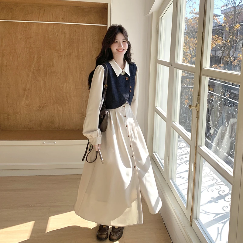 开春气质穿搭牛仔马甲连衣裙套装女2025春季新款衬衫裙超火两件套