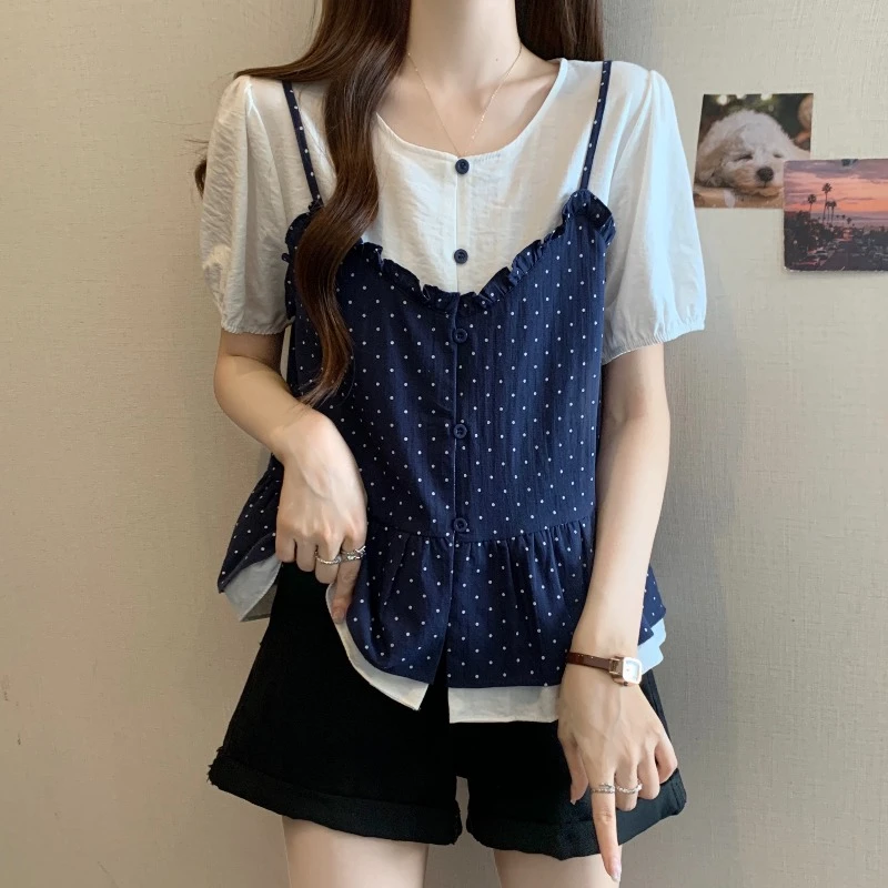 大码假两件拼接波点短袖衬衫女夏季新款胖MM宽松显瘦百搭洋气上衣