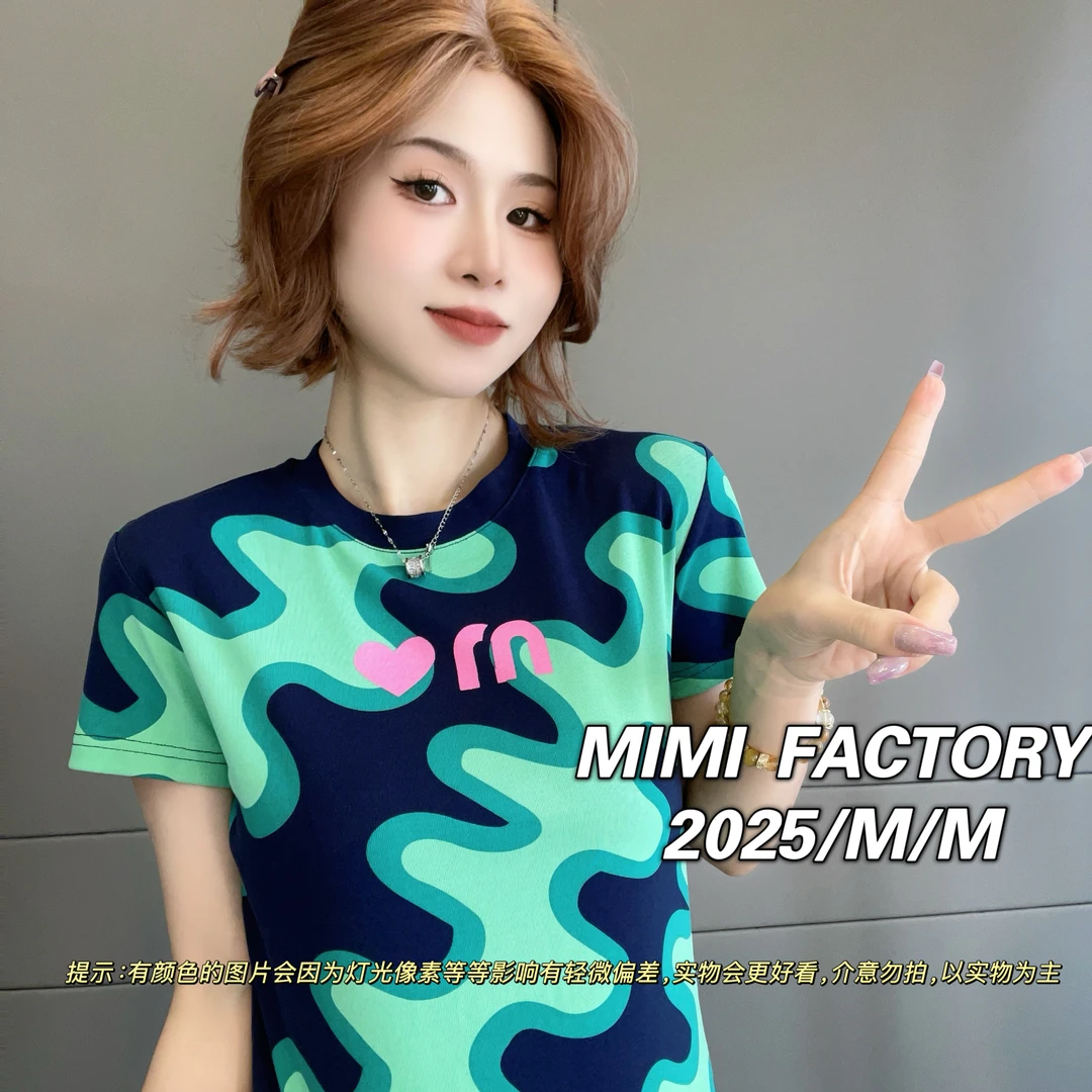 芈芈 2025新款短袖 创意欧货满印短袖T恤女修身显瘦上衣