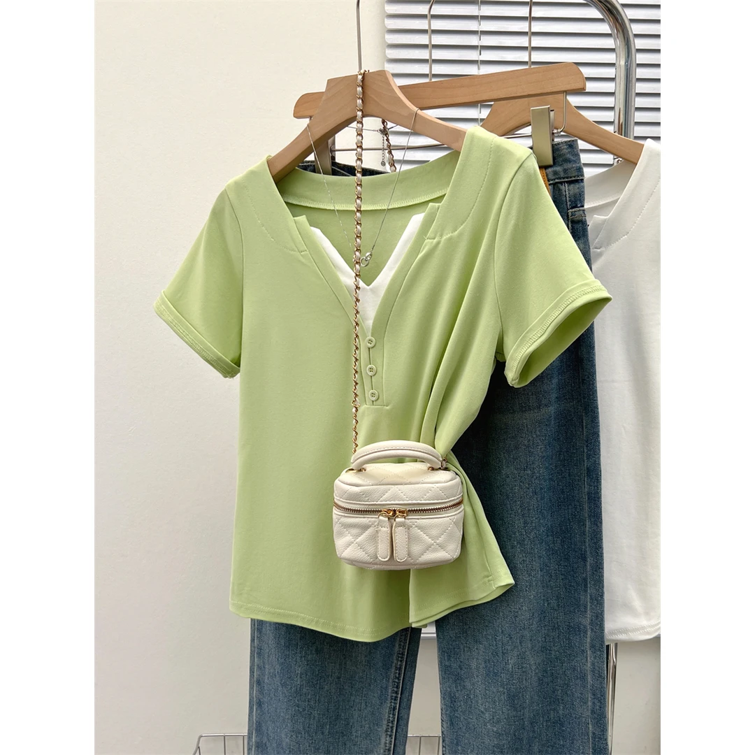 大码2024夏季新款时尚修身拼接V领长袖T恤1252